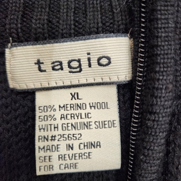 Vintage Tagio Cable Knit Cardigan Zip Sweater, Wool Suede Black/ Brown, Men's XL - Picture 3 of 5